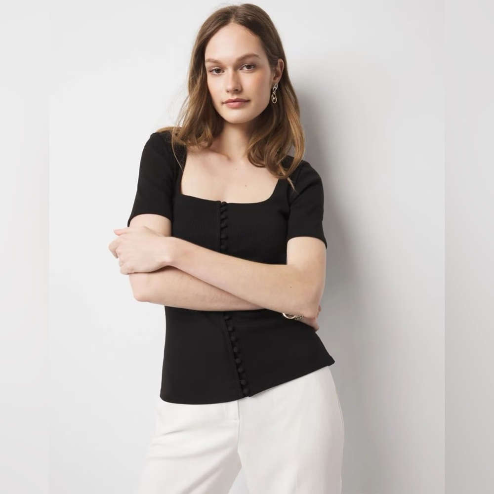 White House Black Market WHBM FORME™ Ribbed Stretch Button Tee square neckline